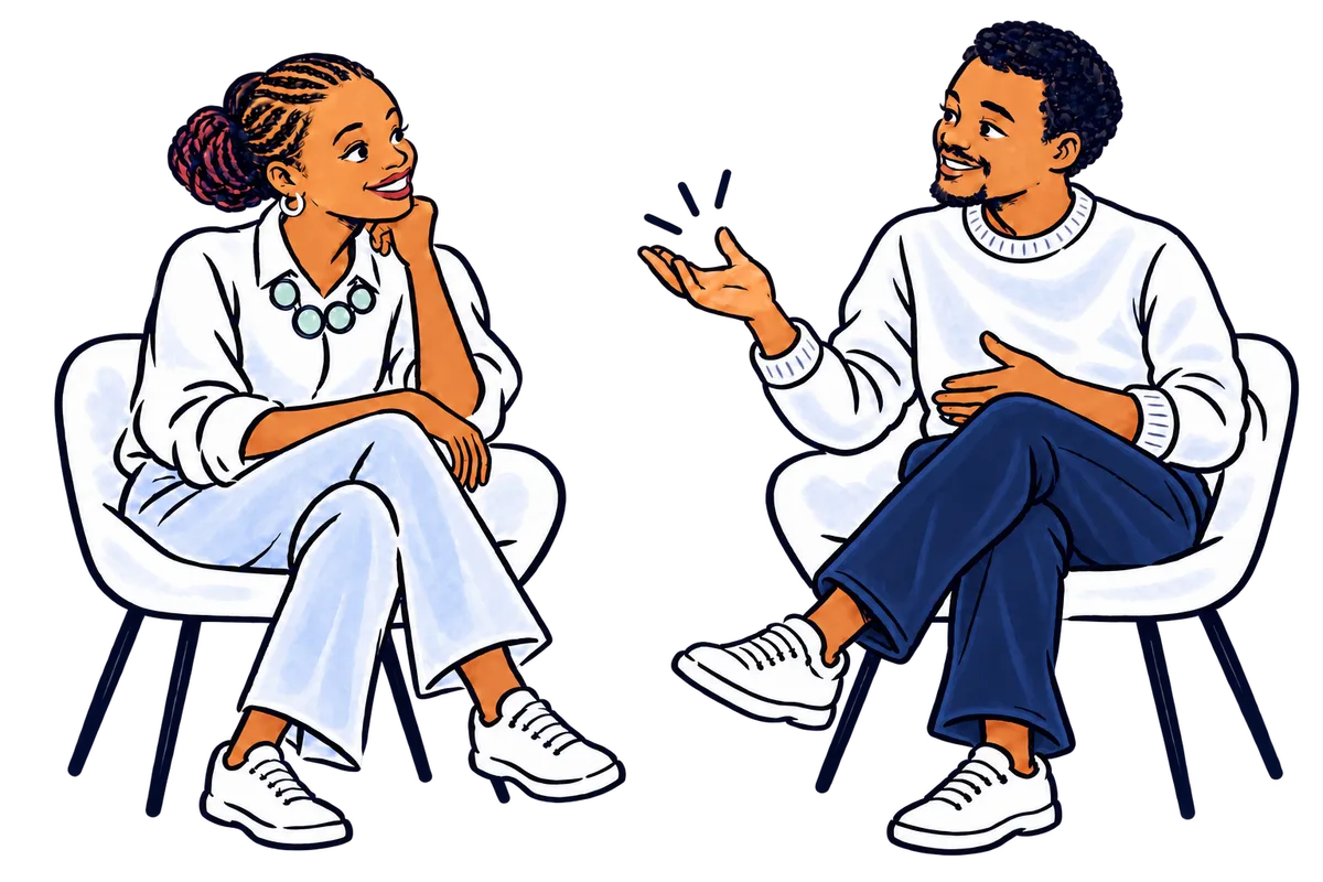 Illustration of Grace Thuo and Ibukun Taiwo in conversation